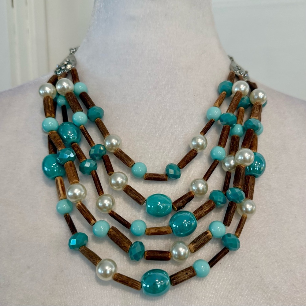 Jules B Blue Wood Pearl Multi Strand Necklace NWOT